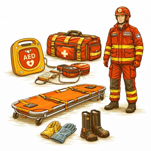 AED, torby ratownicze, nosze, odzież